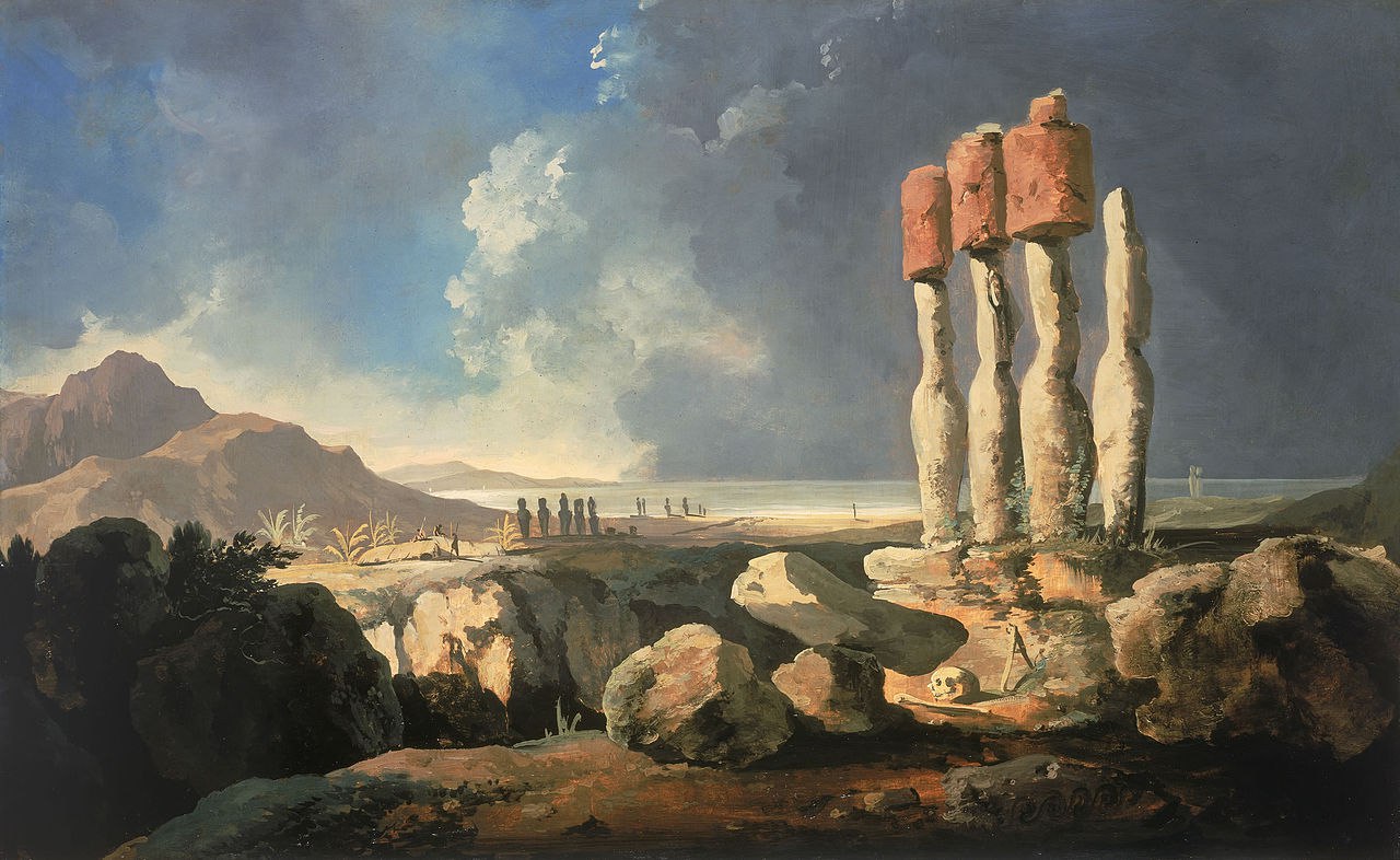 Вид на памятники острова Пасхи, Рапа Нуи. Уильям Ходжес