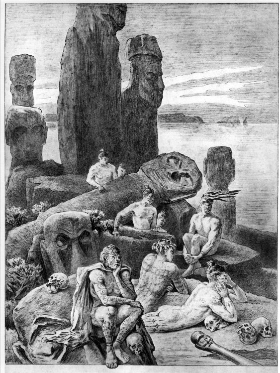 Упавшие статуи моаи и черепа на Рапа Нуи. Пьер Лоти