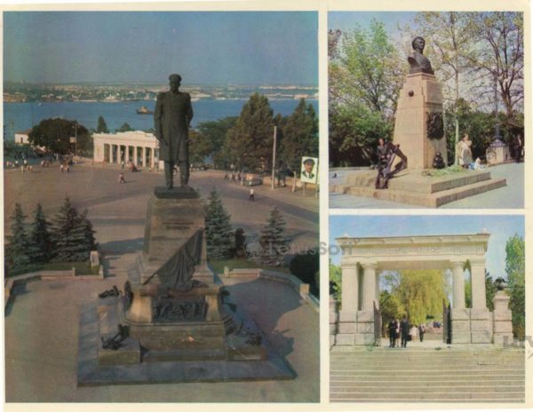 Monument to Admiral PS Nakhimov. Monument to sailor P. Cat. Entrance to the Malakhov Kurgan. Sevastopol, 1977