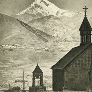 Georgian Military Road. View from the village of Kazbegi at Mount Kazbek, 1955