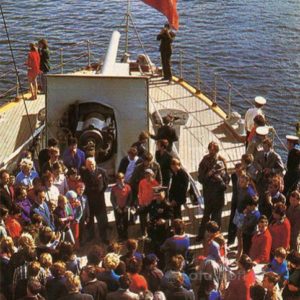 Tour group on the deck of the cruiser. The cruiser “Aurora”, 1977