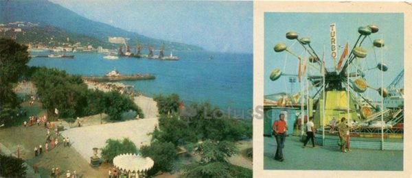 View of the promenade and sea port. Area attractions for children. Yalta, 1980