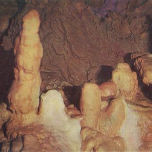 Stalagmites in the Hall “Canyon”. New Athos Cave, 1980