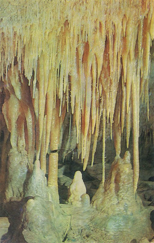 Stalactites and stalagnates. New Athos Cave, 1980